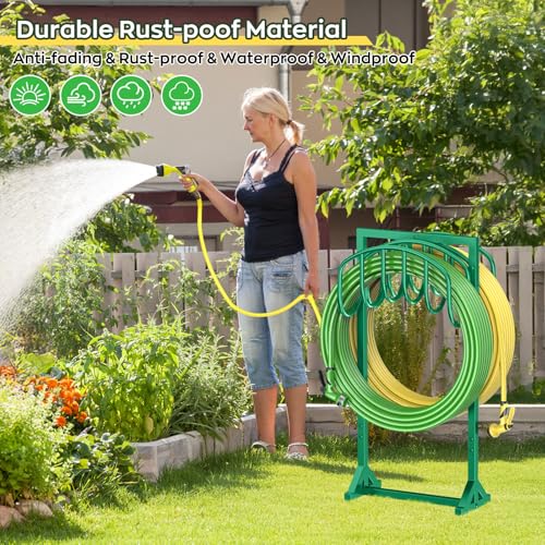 Garden Water Hose Holder Holds 2 * 150Ft Hoses, Heavy-Duty Metal Freestanding Hose Holder with 4 Spikes, Rustproof Garden Hose Hanger Storage for Outside, Yard, Lawn - color: Green
