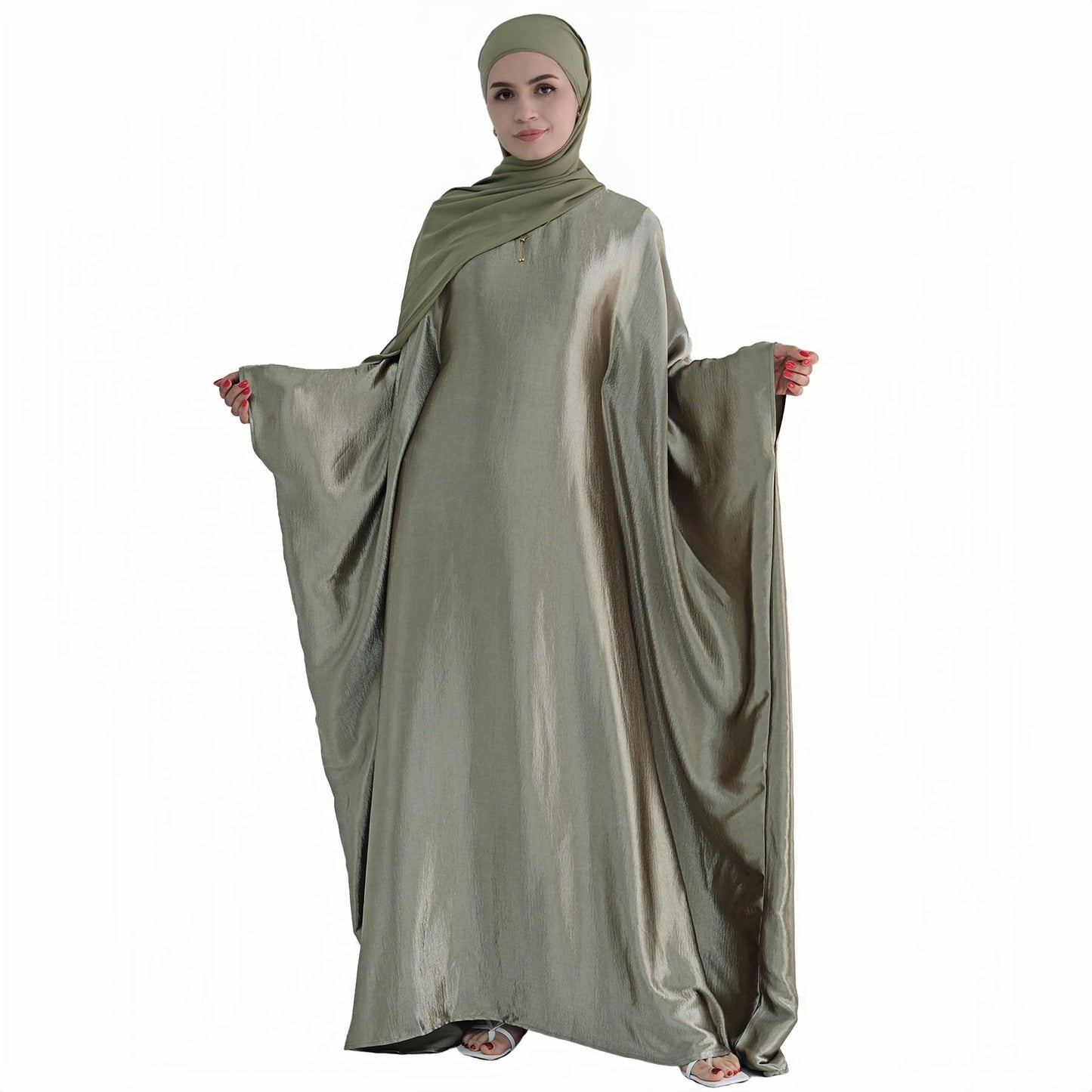 Abaya Muslim Women Dress Satin Batwing Sleeve Kaftan Maxi Arabian Dubai Islamic Ramadan Prayer Dress with Hijab Scarf - color: Olive Green