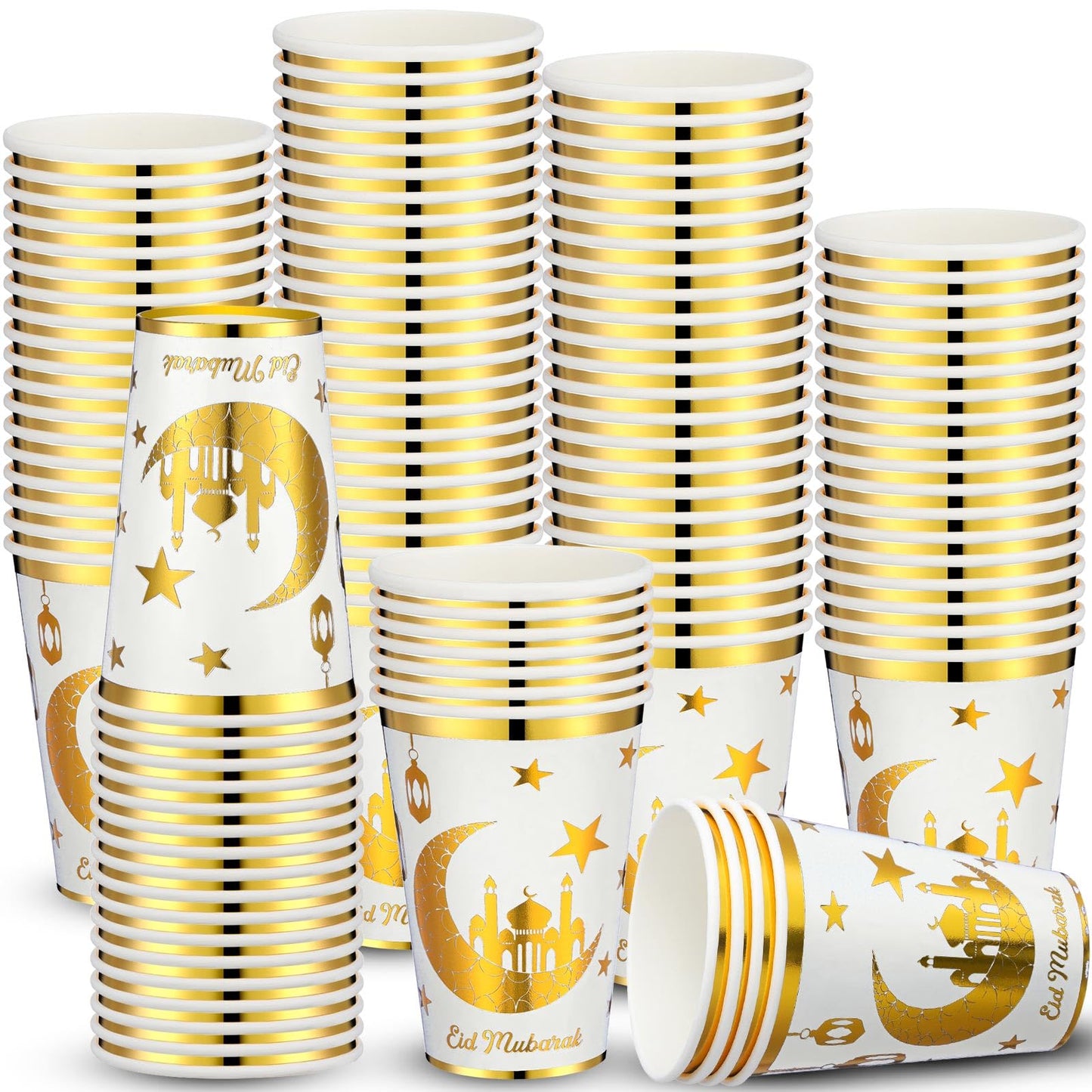Domensi 100 Pack Eid Mubarak Paper Cups Ramadan Muslim Disposable Coffee Cups Bulk Gold Foil Hot Cold Drinking Party Supplies for Eid Islamic Al Adha Decorations(White) : Health & Household