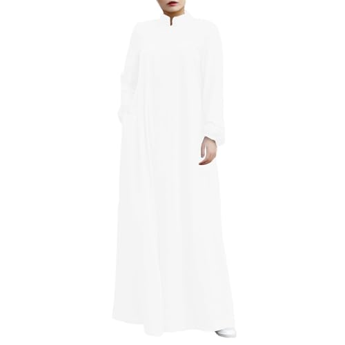 Womens Abaya Muslim Long Sleeve Front Zipper Dress Prayer Islamic Clothes with Pockets - color: White, size: Medium
