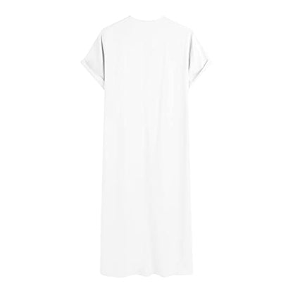 Mens Muslim Thobe Short Sleeve Crewneck Long Gown Casual Lightweight Breathable Big and Tall Robe Ethnic Clothes - color: White, size: Small