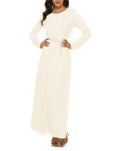 JEYPINMI Abaya for Women Muslim Dress One Piece Long Sleeve Prayer Dress Islamic Robe Arabian Kaftan Maxi Gown Nude S-M