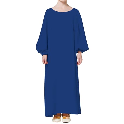 Kids Girls Muslim Abaya Long Lantern Sleeve Robe Maxi Dress Dubai Islamic Pleated Prayer Dress Full Cover Kaftan Casual - color: Royal Blue (Hijab), size: 4-5T