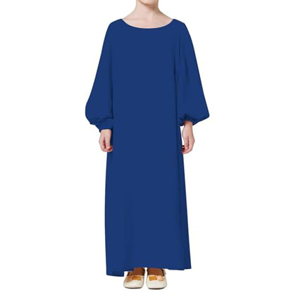 Kids Girls Muslim Abaya Long Lantern Sleeve Robe Maxi Dress Dubai Islamic Pleated Prayer Dress Full Cover Kaftan Casual - color: Royal Blue (Hijab), size: 7-8 Years