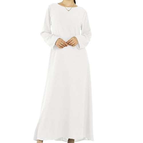 Women Abaya Muslim Dress Long Sleeve Modest Prayer Maxi Kaftan Islamic Clothes with Pockets - color: White, size: XX-Large