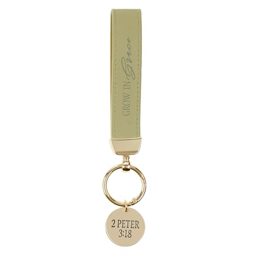 Christian Art Gifts Metal Keychains with Faux Leather Wrist Strap & Clip for Women: Scripture & Multicolor Floral Designs - color: Grow in Grace/Green Floral & Gold