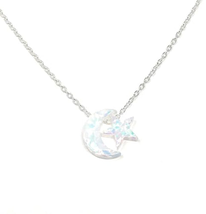 Martinuzzi Accessories Opal Moon and Star Necklace 925 Sterling Silver Chain - style: White Moon White Star