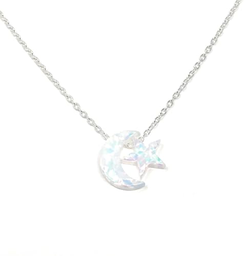 Martinuzzi Accessories Opal Moon and Star Necklace 925 Sterling Silver Chain - style: White Moon White Star