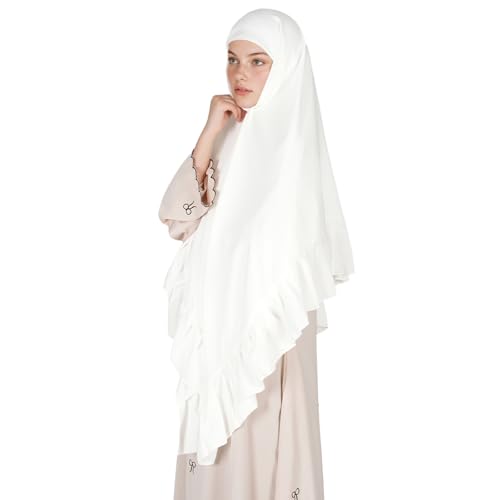 Prayer Hijab for Women Muslim Cotton Blend Lightweight Ruffled Square Scarf - color: White