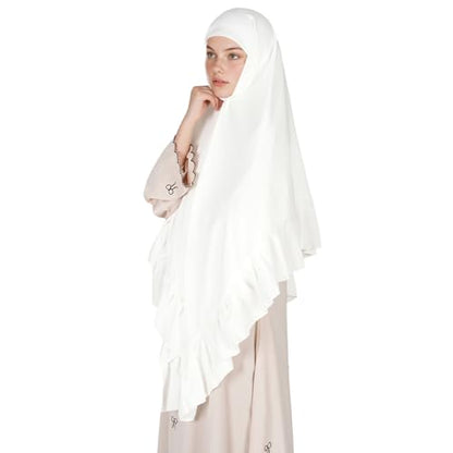 Prayer Hijab for Women Muslim Cotton Blend Lightweight Ruffled Square Scarf - color: White