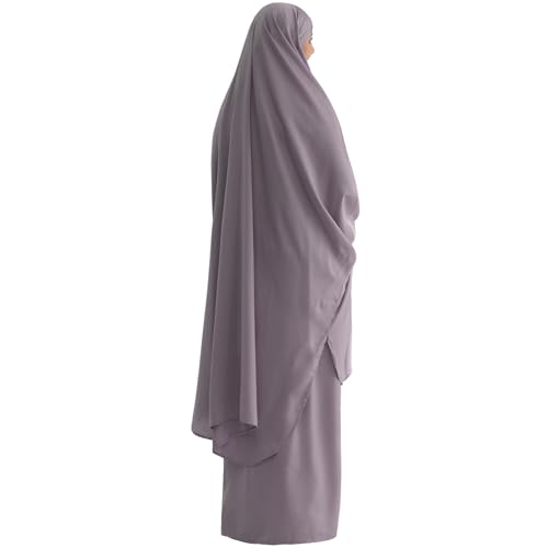 Muslim Women Abaya Two Pieces Set Prayer Dress Elasticated Sleeves Islamic Robe Modest Full Cover Prayer Clothes - color: Light Gray
