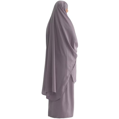 Muslim Women Abaya Two Pieces Set Prayer Dress Elasticated Sleeves Islamic Robe Modest Full Cover Prayer Clothes - color: Light Gray