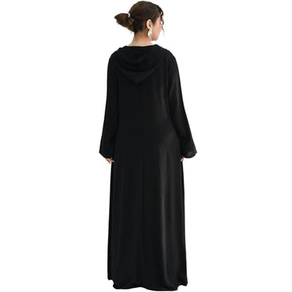 Muslim Abaya Dress for Women Lightweight Hoody Pockets Islamic Prayer Robe - color: Black, size: X-Large