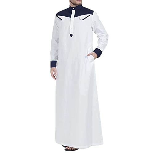 Zeiyignr Men's Long Sleeve Kaftan Stand Collar Patchwork Robe Muslim Arab Middle East Thobe Islamic Praying Clothes for Men - color: Navy, size: XX-Large