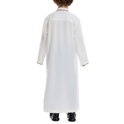 Muslim Abaya Islamic Thobe for Boys Long Sleeve Solid Festive Clothes Teen Kids Cozy Ramadan Prayer Thobe with Pocket - color: White, size: 11-12 Years