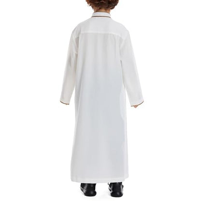 Muslim Abaya Islamic Thobe for Boys Long Sleeve Solid Festive Clothes Teen Kids Cozy Ramadan Prayer Thobe with Pocket - color: White, size: 9-10 Years