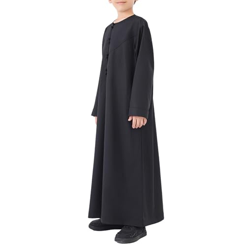 Kids Arabic Thobes for Boys Muslim Thobe Long Sleeve Kaftan Islamic Prayer Dress Kids Dubai Robe Burkas Ramadan Eid Outfit - color: Black, size: 7-8 Years