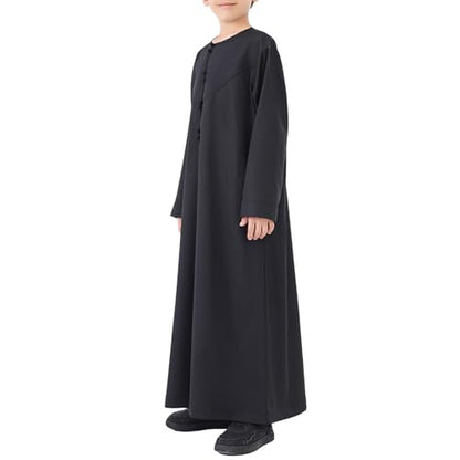 Kids Arabic Thobes for Boys Muslim Thobe Long Sleeve Kaftan Islamic Prayer Dress Kids Dubai Robe Burkas Ramadan Eid Outfit - color: Black, size: 13-14 Years