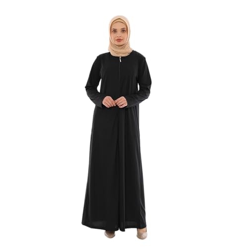 Women's Zipper Abaya Full Length Muslim Dress with Long Sleeves for Daily and Prayer Wear - color: Black, size: Small
