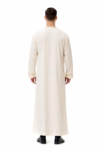Men Muslim Robe Arab Thobe Long Sleeves Middle East Kaftan Islamic Arabic Gown Dress - color: Beige, size: X-Large