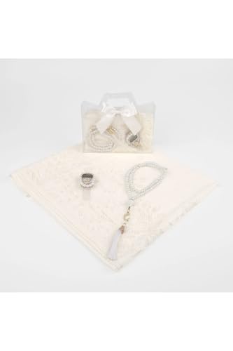 SODEF Gift Set: Cream Lace Shawl, Perfume, Beaded Prayer Beads & Zikirmatik in Special Box - Chic Islamic Combination - Cream, 55x26 inch