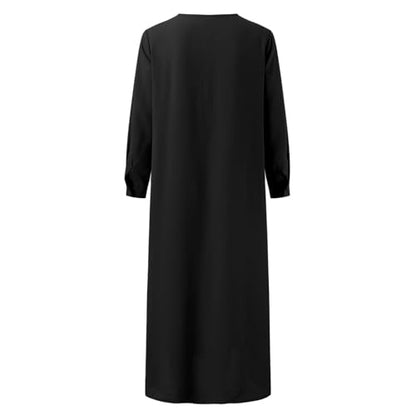 Muslim Dresses for Women Long Sleeve Muslim Prayer Dress Loose Button Down Tunic Flowy Maxi Dress Summer Clothes - color: Black, size: 4X-Large