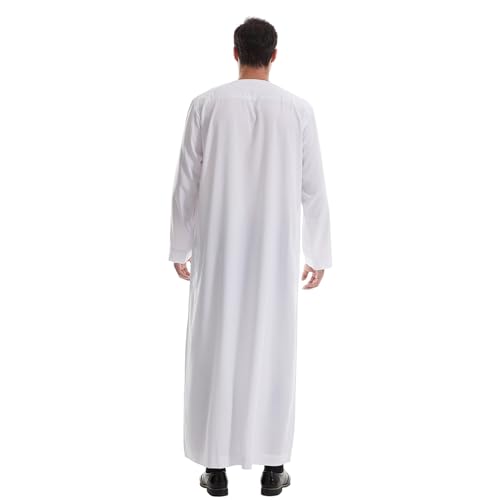 IWEMEK Men Muslim Thobe Long Sleeve Kaftan Robe with Pockets Saudi Arabic Thobe Ramadan Middle East Dubai Islamic Abaya Dress - color: White, size: Medium