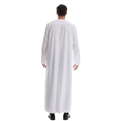 IWEMEK Men Muslim Thobe Long Sleeve Kaftan Robe with Pockets Saudi Arabic Thobe Ramadan Middle East Dubai Islamic Abaya Dress - color: White, size: Small