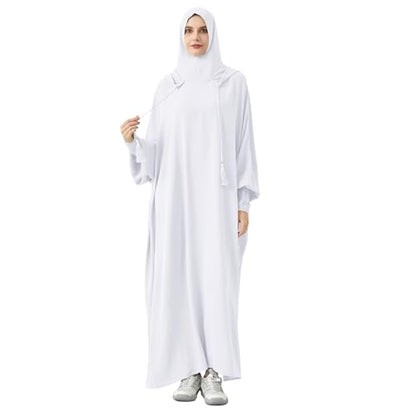 Abaya Muslim Dress Women Prayer Dress Long Sleeve Hooded Loose Maxi Dress Arabian Dubai Islamic Clothes - color: White