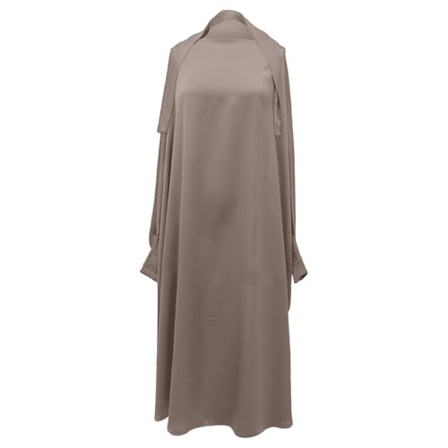 Solid Muslim Dress with Hijab for Girl Abaya Islamic Dubai Prayer Clothes Set Kids Kaftan Jilbab Dresses Burqa Outfit - color: Khaki, size: 10-11 Years