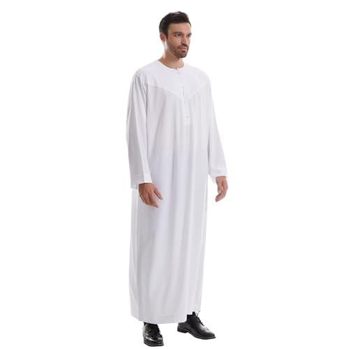 IWEMEK Men Muslim Thobe Long Sleeve Kaftan Robe with Pockets Saudi Arabic Thobe Ramadan Middle East Dubai Islamic Abaya Dress - color: White, size: Small
