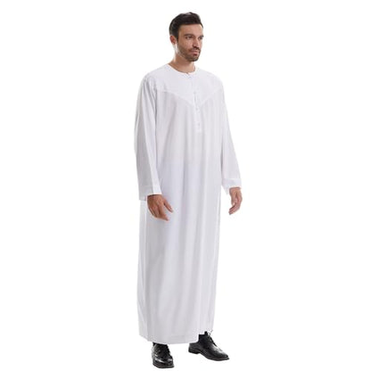 IWEMEK Men Muslim Thobe Long Sleeve Kaftan Robe with Pockets Saudi Arabic Thobe Ramadan Middle East Dubai Islamic Abaya Dress - color: White, size: Small