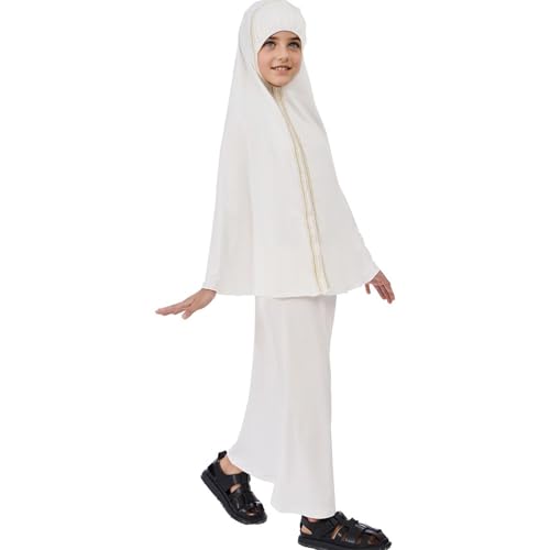 Lenmipot Kids Jilbab 2pcs Abaya Girls Muslim Prayer Dress Kids Eid Full Cover Abaya Dress Set Islamic Prayer Jilbab for Girl - color: Whitea, size: 9-10 Years