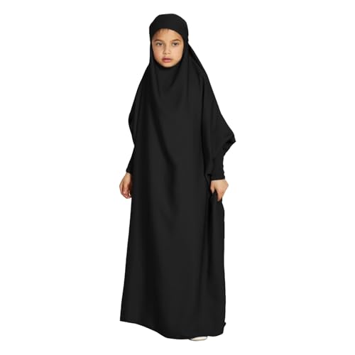 Solid Muslim Dress with Hijab for Girl Abaya Islamic Dubai Prayer Clothes Set Kids Kaftan Jilbab Dresses Burqa Outfit - color: Black, size: 8-9 Years