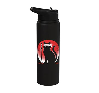 Japanese Cats Lovers Retro Cool Fighting Ninja Cat Fighter Stainless Steel Insulated Water Bottle - color: Black