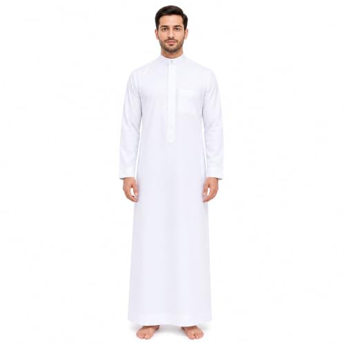 MCJC Men's White Muslim Thobe Long Sleeve Arab Kaftan Robe with Pocket - size: X-Large