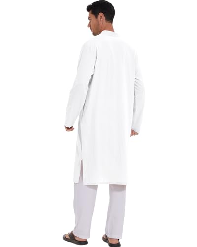 YAOHUOLE Men's Long Sleeve Muslim Thobe Robe Button Up Kaftan With Side Split and Pockets - color: 02white, size: Large