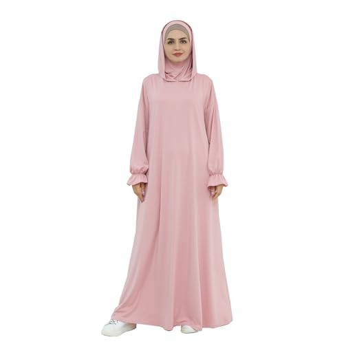 Muslim Hoodie Abaya Islamic Prayer Jilbab Maxi Robe with Inner Cap | Two-layer Cap, Prayer Abaya, Large Style - color: Pink