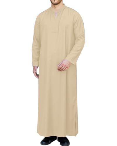 LVCBL Kaftan Thobe for Men Big And Tall Muslim Robe Mens Long Sleeve Caftan - color: Khaki, size: Medium