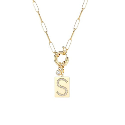 Mint & Lily Gold Initial Necklace for Women – 18K Gold Plated 24” Paperclip Chain with Sparkling Letter Pendant - style: S