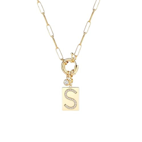 Mint & Lily Gold Initial Necklace for Women – 18K Gold Plated 24” Paperclip Chain with Sparkling Letter Pendant - style: S
