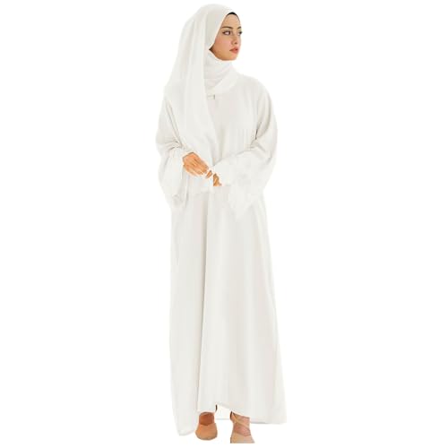 Prayer Clothes for Muslim Women Long Sleeve One-Piece Islamic Prayer Dress O Neck Slim Fit Islamic Evening Gown - color: White, size: X-Large