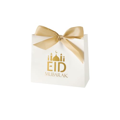 20 Pack Eid Party Favor Box, Eid Moon Candy Box, Ramadan Mubarak Party Goodie Box, DIY Eid Treat Paper Box with Ribbon Bow, Islam Muslim Wedding Festival Candy Box, Chocolate Cookie Souvenir Boxes for Eid Party Supplies Gold Castle Goodie Present Bag - co
