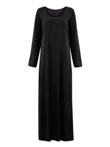 Womens Musilin Long Dress for Islamic Prayer Long Sleeve Robe Dress Full Cover Round Neck Dubai Kaftan Abayas Outfit - color: Black, size: Large-X-Large