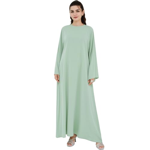Abaya Dress for Muslim Women Light Smooth Back Zipper Prayer Robe Multiple Colors Flowing Maxi Abaya Dress with Belt - color: Light Green, size: Large