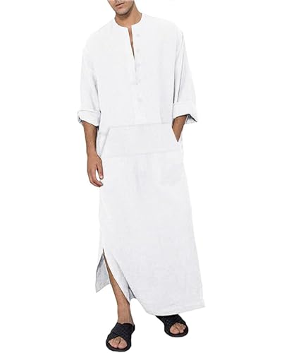 Jacansi Men's 65% Cotton 35% Linen Long Sleeve Kaftan, Button Down Ankle Length Thobe with Side Split & Pocket - color: White, size: X-Large