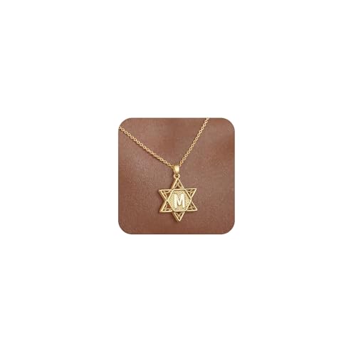 Gold Initial Necklaces for Women Dainty Pendant Letter Necklace 14K Gold Plated Jewish Star of David Religious Jewelry Personalized Gift Non Tarnish Waterproof 16.5-18.5 Inches - style: Initial M