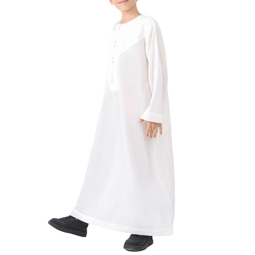 Boys Arabic Thobe Solid Long Sleeve Muslim Kaftan Robe Kids Boys Crew Collar Button Islamic Thobe Ramadan Eid Outfit - color: White, size: 3-4T