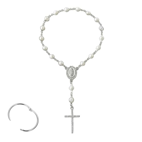 Car Interior Decors Rearview Mirror Cross Hanging Accessories, Evil Eye Rearview Beads Car Medal and Cross Hanging Accessories for Mirror Interior Decors for Women Men (Pearl Silver) - size: Pearl Silver