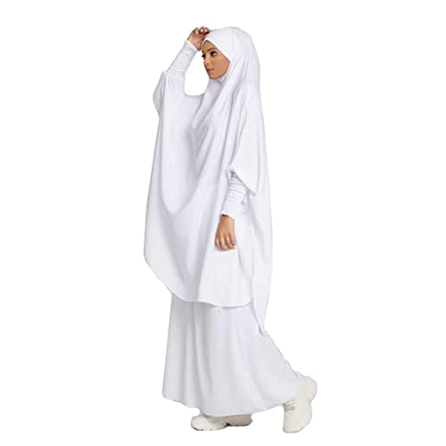 Women Muslim 2 Set Solid Color Plus Long Sleeve Thobe One-size Longuette Overall Abaya Thobe with Hoodied Hijab - color: White
